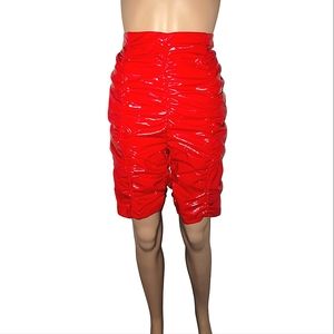 Red polyester scrunch biker shorts